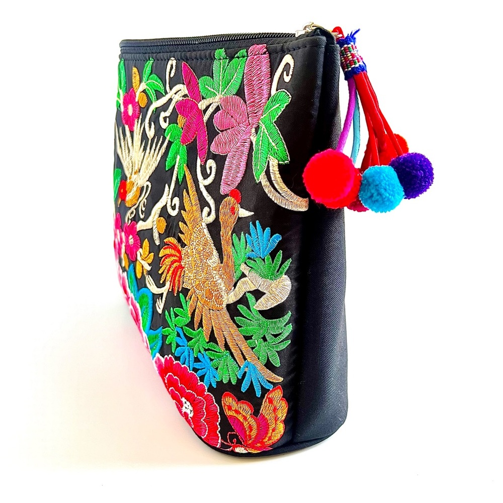 Large Colorful Birds and Florals Embroidered Pom Pom Bag (NWOT) - Picture 4 of 9